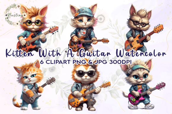 Download Kitten with Guitar Watercolor Clipart - Premium Bundle