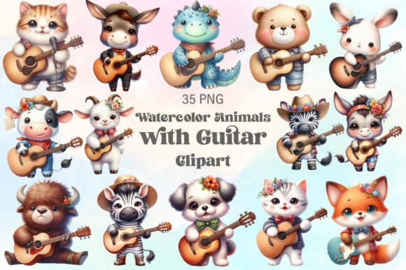 Download Watercolor Animals with Guitar Clipart - Premium Resources
